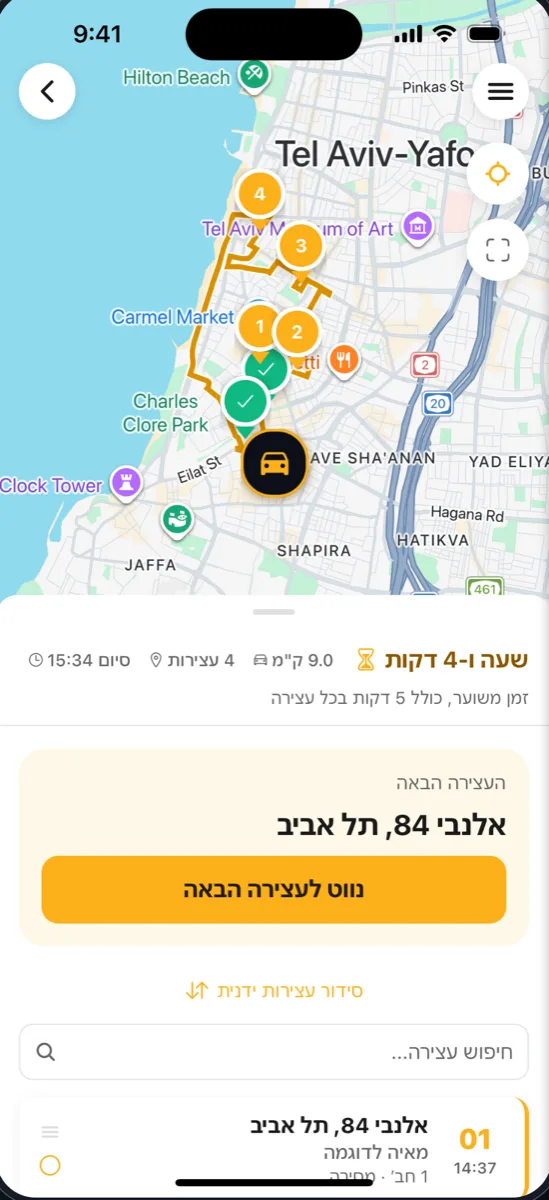 מסלול מסודר על המפה עם היעד הבא וזמן הגעה לכל עצירה